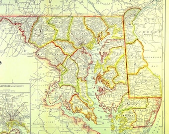 Vintage Map of MARYLAND Wall Art Decor LARGE Colorful County Delaware Antique