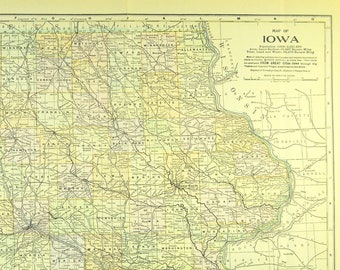 Vintage IOWA Map Wall Art Decor LARGE ORIGINAL Antique Gift For Her