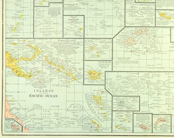 Vintage PACIFIC ISLANDS Map Pacific Ocean Wall Art Frameable Oceania ORIGINAL