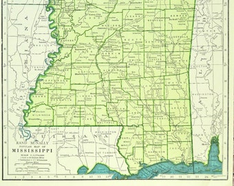 Vintage MISSISSIPPI Map Wall Art Frameable Matted ORIGINAL Green Gift For Him