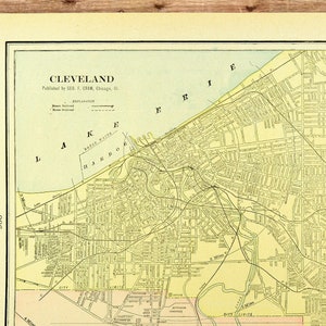 Antique CLEVELAND City Street Map Wall Art Decor ORIGINAL Railroad Old Ready to Frame Boyfriend Gift