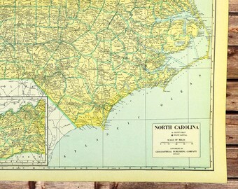 Vintage NORTH CAROLINA Map Wall Art Frameable 1940s Tar Heel State Gift