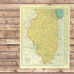 Vintage ILLINOIS Map Wall Art Decor Old ORIGINAL Frameable Ready to Frame