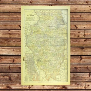 Vintage ILLINOIS MAP Wall Art Decor Old Original Antique LARGE Chicago