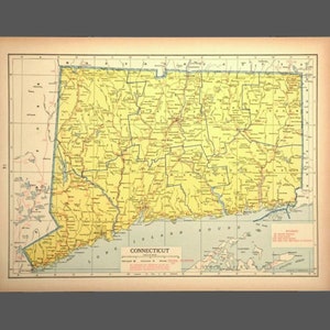 May include: A vintage map of Connecticut, featuring a yellow and beige color scheme. The map displays the state's borders, roads, and geographical features. The word "CONNECTICUT" is printed at the bottom. The map is framed with a beige border.