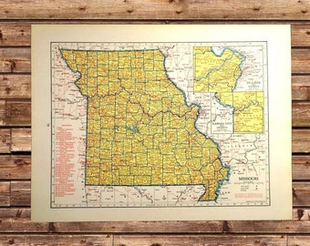 Vintage MISSOURI Railroad Map Wall Art Decor Old Original 1940s Mens Gift