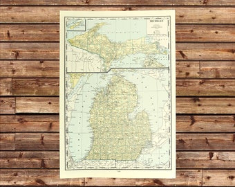 Vintage MICHIGAN MAP Wall Art Frameable Ready to Frame Original 1940s Beige