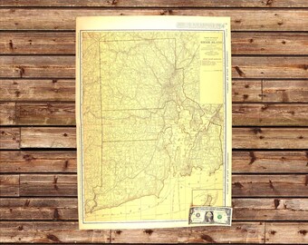 Mapa antiguo vintage de Rhode Island, decoración de pared con motivos ferroviarios, GRANDE, original y antiguo.