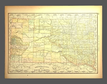 Antique SOUTH DAKOTA Map Railroad Wall Art Original Late 1800s Old