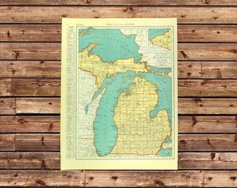 Vintage MICHIGAN Map Wall Art Frameable ORIGINAL Michigan Wolverine State Gift