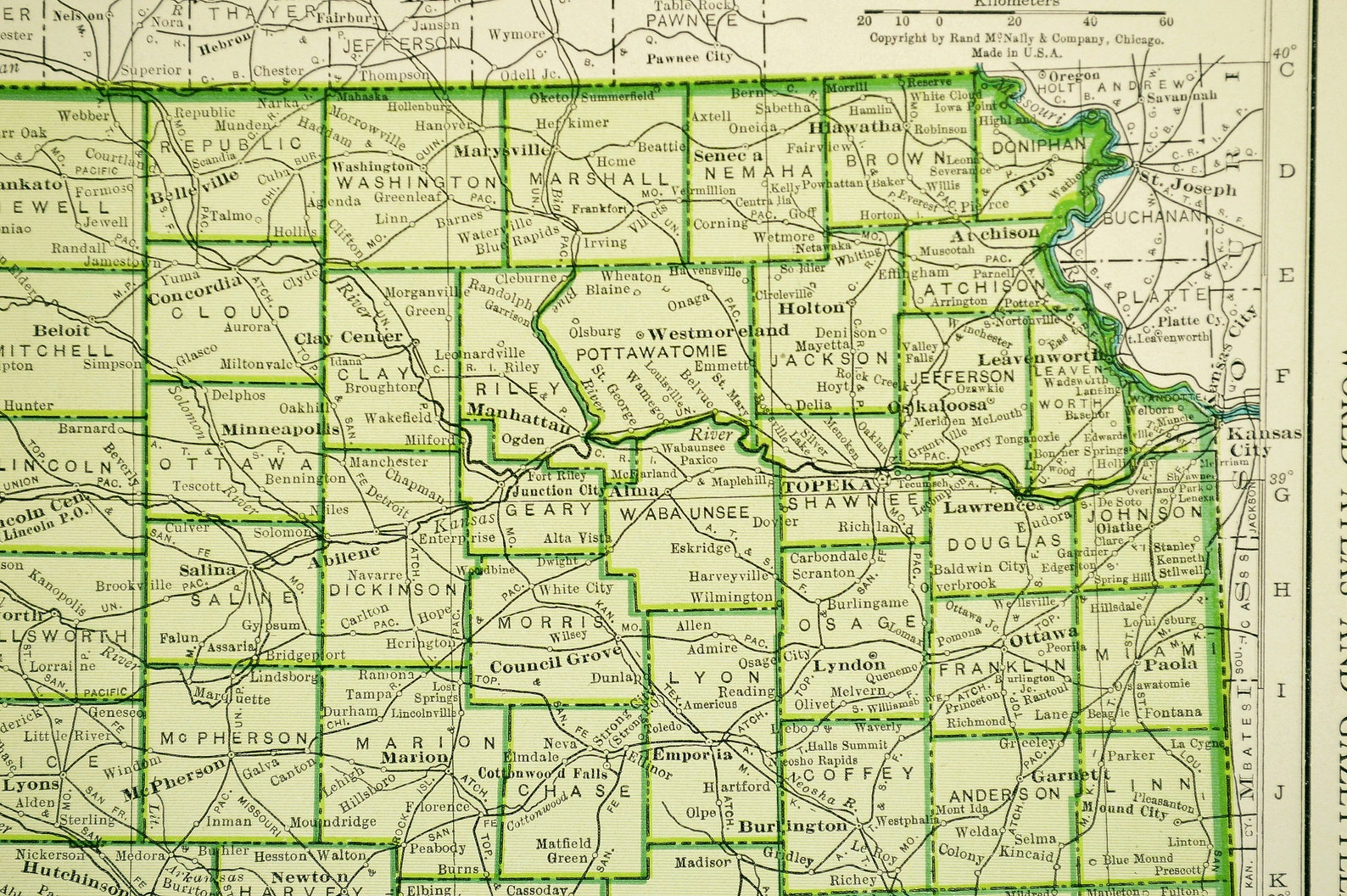 Kansas Map of Kansas Wall Art Decor Vintage Old 1940s Original Etsy