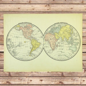 Vintage World Map Hemisphere Wall Art Eastern Western Home Warming Gift