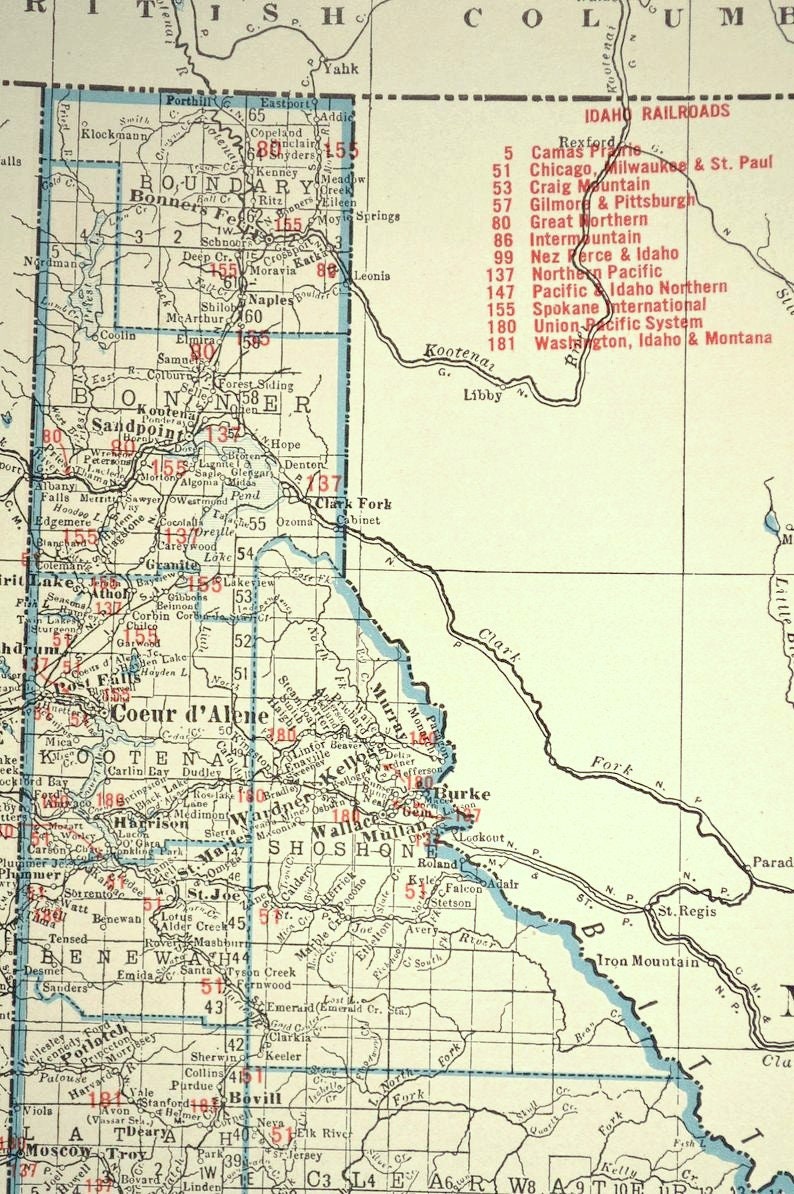 Idaho Railroad Map of Idaho Wall Art Decor LARGE Antique Etsy