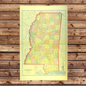 Vintage MISSISSIPPI MAP Wall Decor Art LARGE Original Old Antique