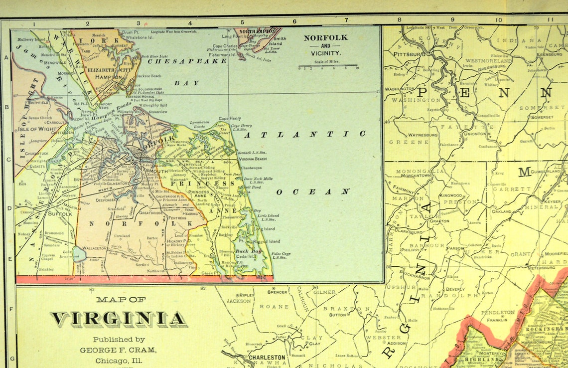 VIRGINIA MAP of Virginia Wall Art Decor LARGE Antique Early Etsy