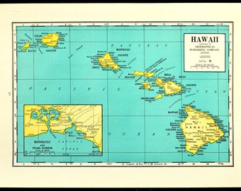 Vintage HAWAIIAN ISLANDS Map Hawaii Wall Art Frameable ORIGINAL Aloha State Gift