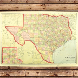TEXAS Wall Art Map Decor LARGE Antique ORIGINAL Vintage Texas Lone Star State Boyfriend Gift