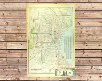 RARE Milwaukee City Street Map Wall Art Decor Antique LARGE Original Early 1900s Vintage Gift Boyfriend Gift