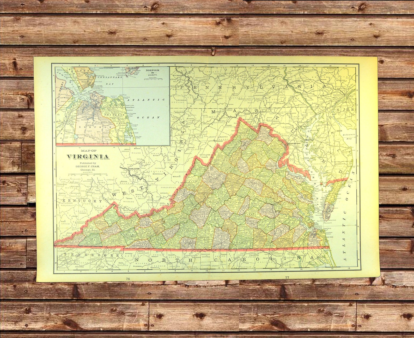 VIRGINIA MAP of Virginia Wall Art Decor LARGE Antique Early Etsy