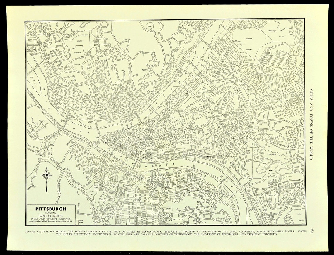 Pittsburgh Map of Pittsburgh Street Map Wall Decor Art Vintage Etsy