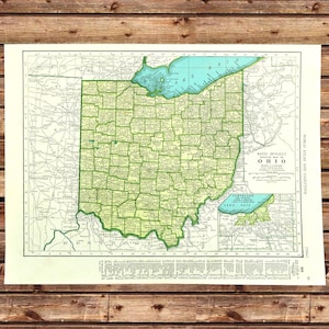 Vintage OHIO Map Wall Art ORIGINAL Green Blue 1940s Ready to Frame Mens Gift