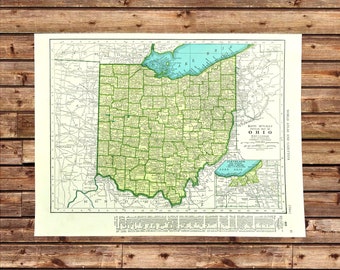 Vintage OHIO Map Wall Art ORIGINAL Green Blue 1940s Ready to Frame Mens Gift