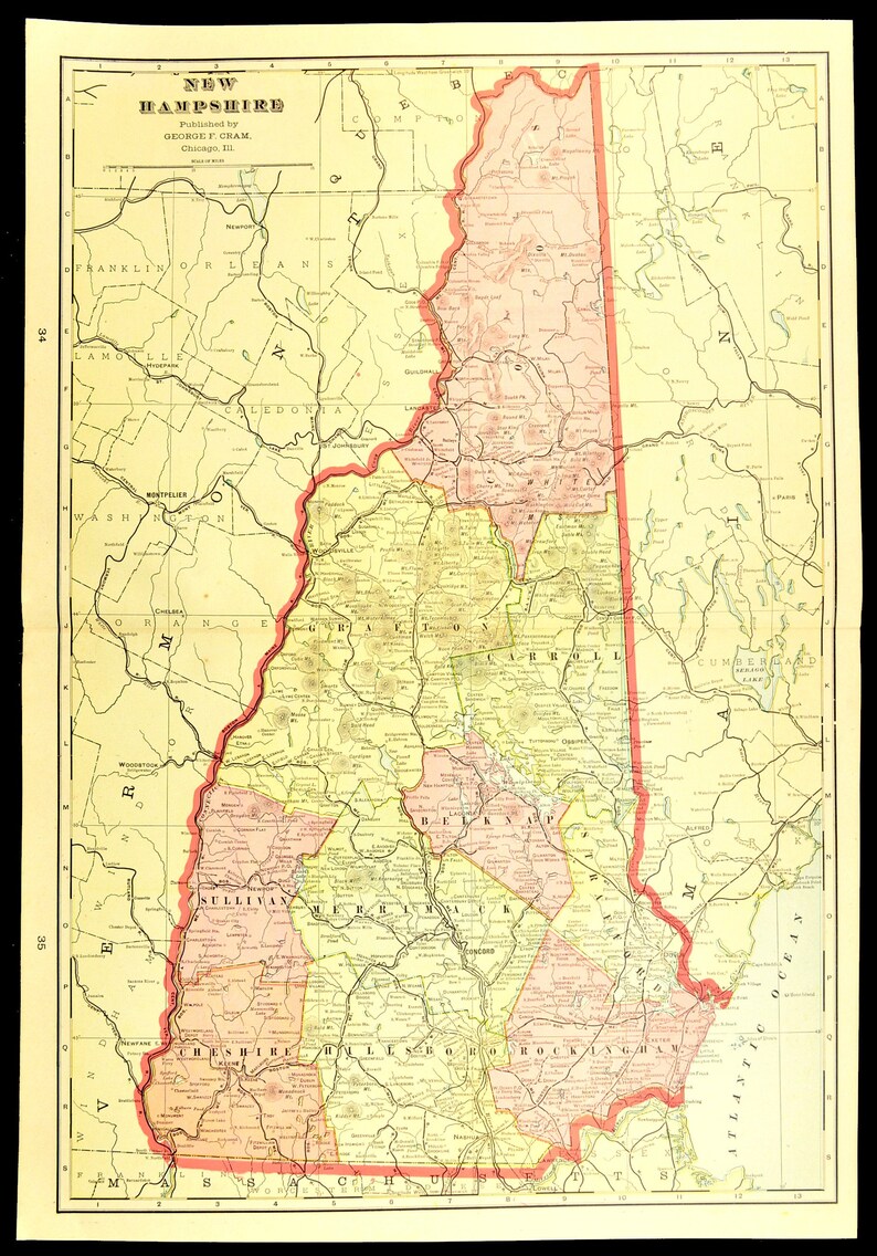 New Hampshire Map of New Hampshire Wall Decor Art