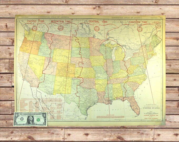 Antique UNITED STATES Map Wall Art Decor LARGE Time Zone Map Teacher ...