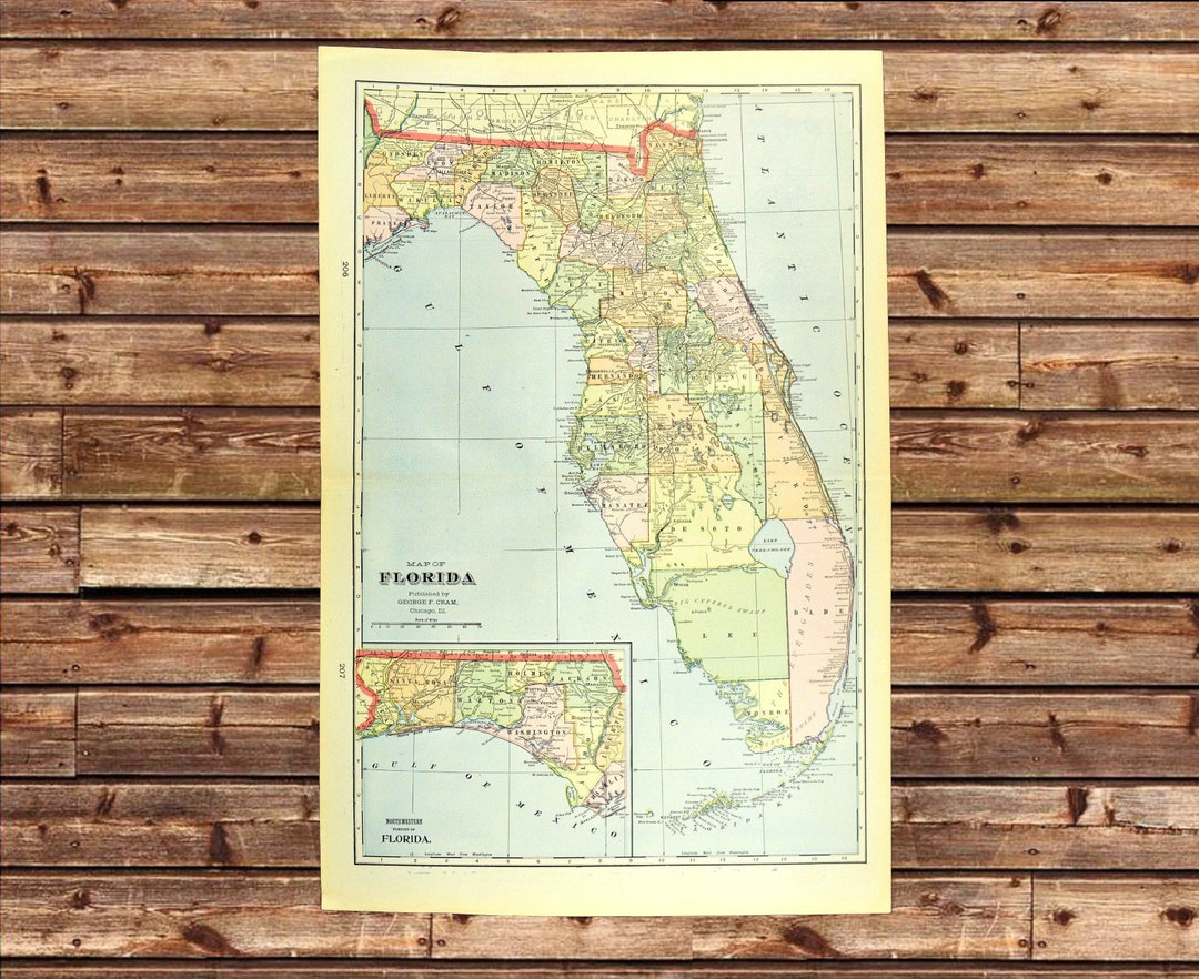 LARGE Florida Map Wall Art Decor Antique ORIGINAL Vintage Etsy