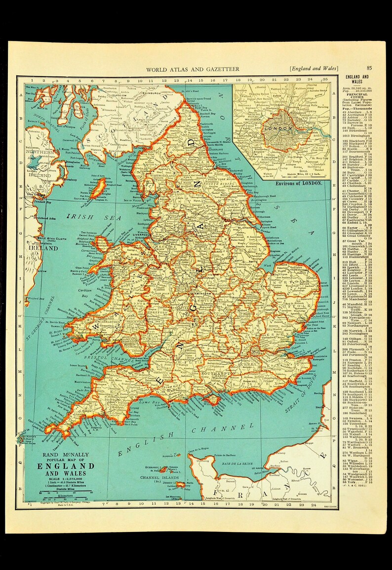 England Map of England Wall Art Decor Vintage Wales United | Etsy