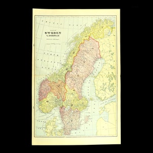Vintage Scandinavia Map Norway Wall Art Sweden Wall Decor LARGE Antique Original