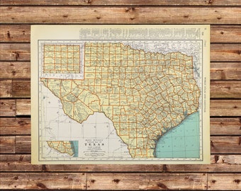 Mapa vintage de Texas para decoración de pared, listo para enmarcar. Regalo ideal para el estado de la Estrella Solitaria.