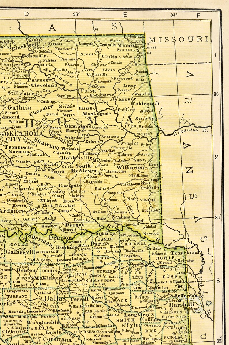 Texas Map of Oklahoma Map of Texas Wall Art Decor Original Etsy