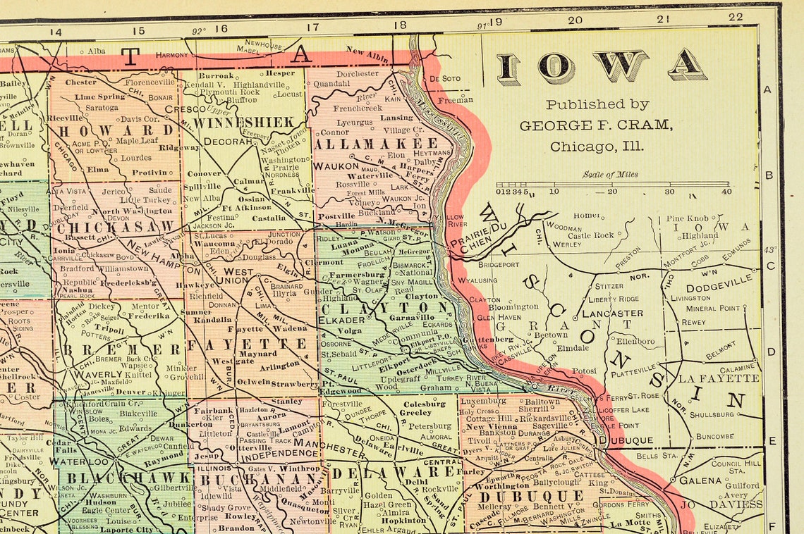 Iowa Map of Iowa Wall Decor Art LARGE Antique Early 1900s Etsy