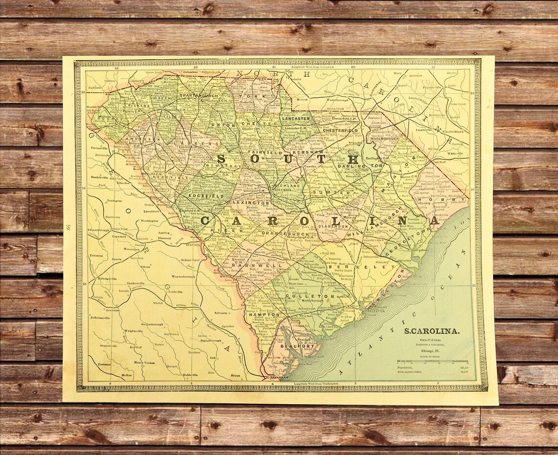 ANTIQUE South Carolina Map of South Carolina Late 1800s for Etsy
