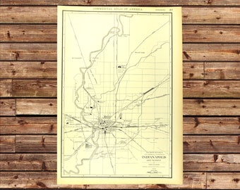 Vintage INDIANAPOLIS Map City Street Wall Art Decor Suburb Vicinity