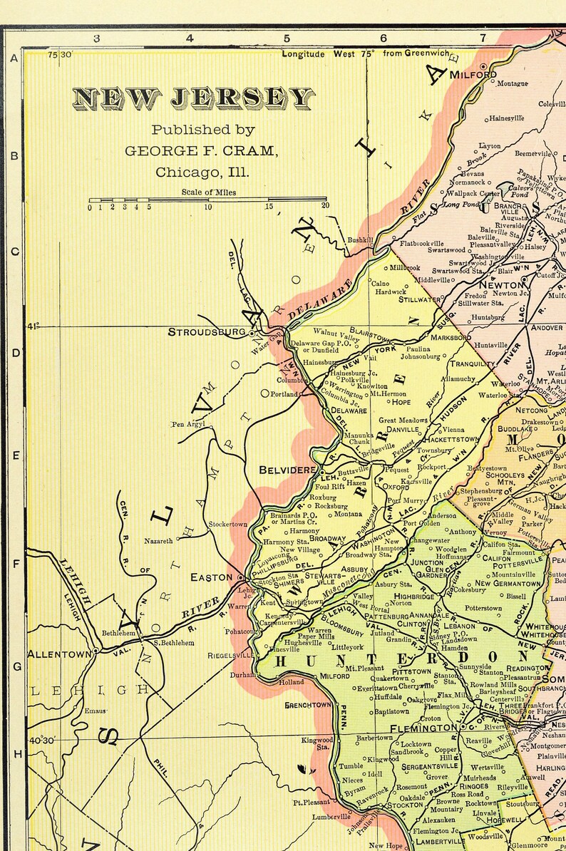 New Jersey Map of New Jersey Wall Decor Art LARGE Antique Etsy