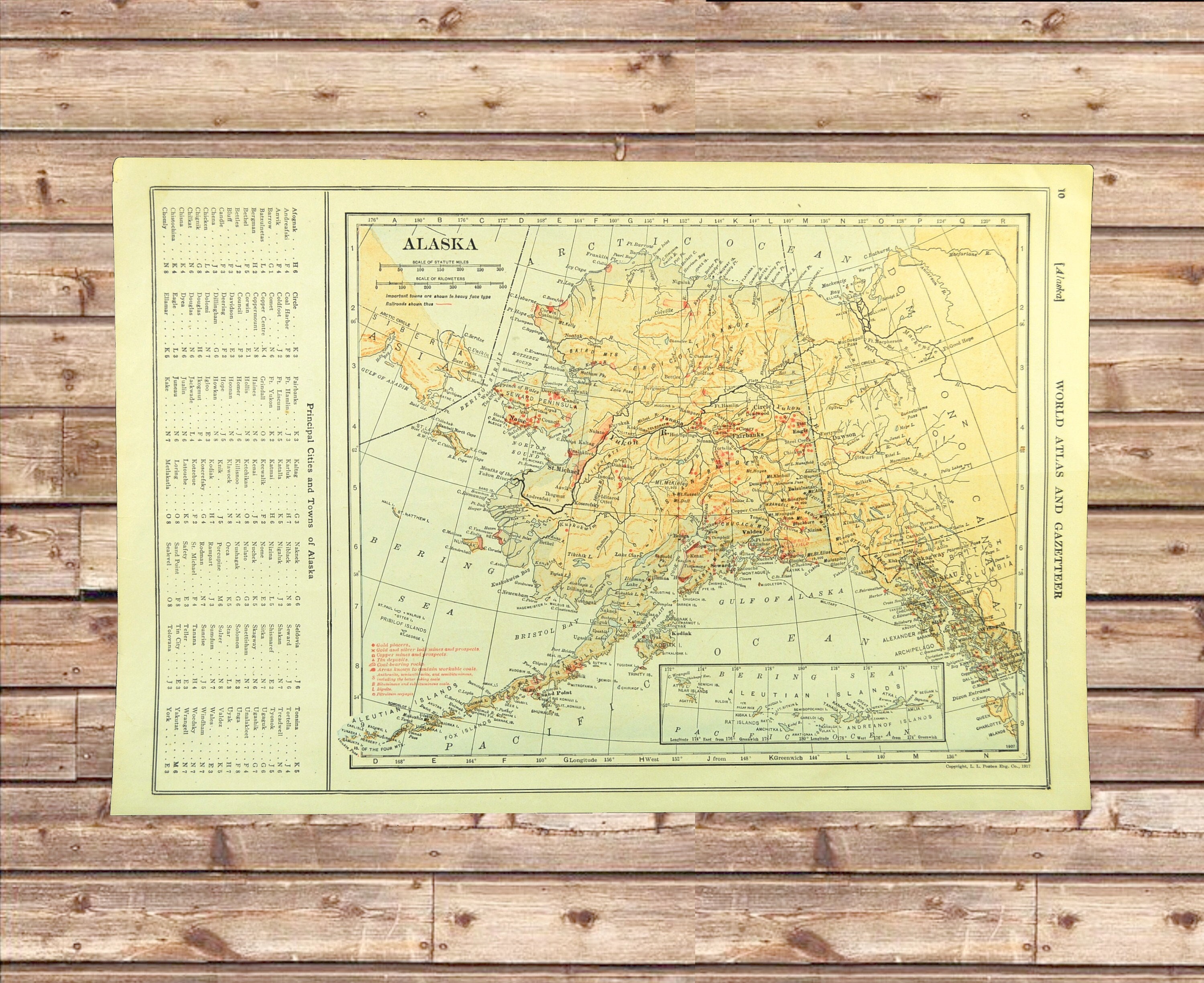Vintage ALASKA Map Wall Art Decor Yukon Regions ORIGINAL 1920s Mine Ore Deposit