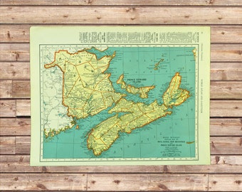 Vintage NOVA SCOTIA Map Wall Art Frameable New Brunswick Prince Edward Island