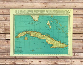 1930s Vintage CUBA Map of Cuba Wall Decor Art Caribbean ORIGINAL Lithograph