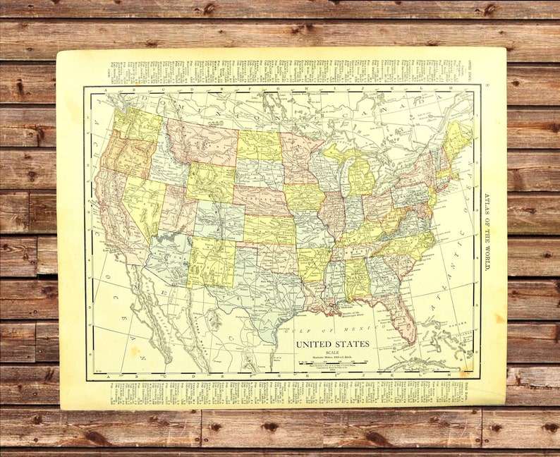 United States Map Of The United States Wall Art Decor Antique Etsy