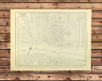 Vintage 1940s DETROIT STREET Map of Detroit City Map Wall Art ORIGINAL Mens Gift