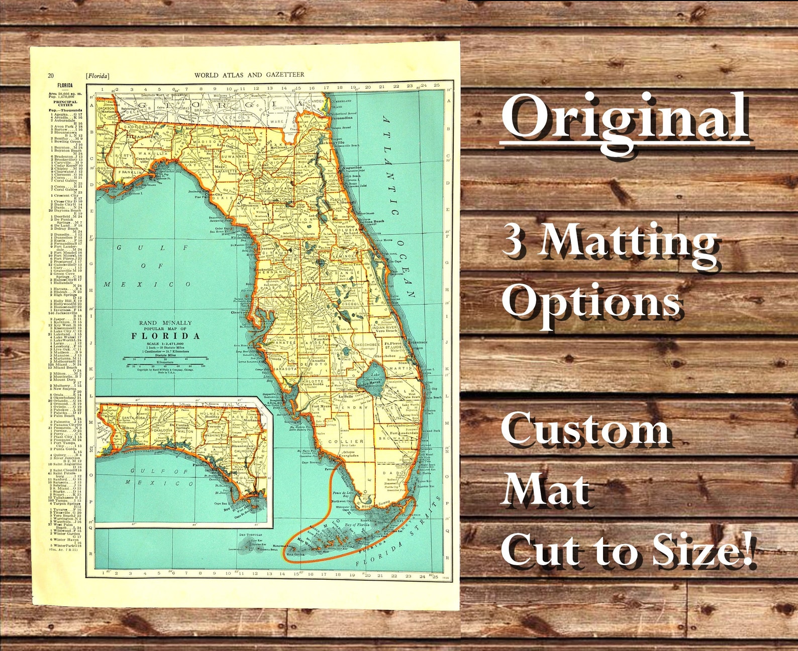 Florida Map of Florida Wall Decor Art Vintage Matted Florida Etsy