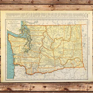 Vintage WASHINGTON MAP Wall Art Decor Frameable ORIGINAL State 1940s Lithograph