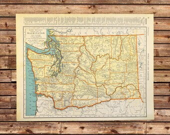 Vintage WASHINGTON MAP Wall Art Decor Frameable ORIGINAL State 1940s Lithograph