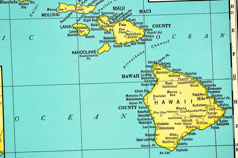 Hawaii Map of Hawaii Hawaiian Islands Wall Decor Art Vintage | Etsy