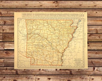 Mapa vintage de Arkansas, arte de pared enmarcable con paspartú, decoración de los años 30, original de Little Rock