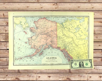 Vintage Alaska Map Wall Art Decor LARGE Antique Yukon Gold Regions