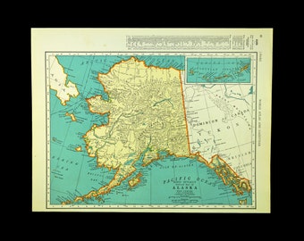 Vintage ALASKA MAP Wall Art Decor Frameable 1930s ORIGINAL Lithograph Mens Gift