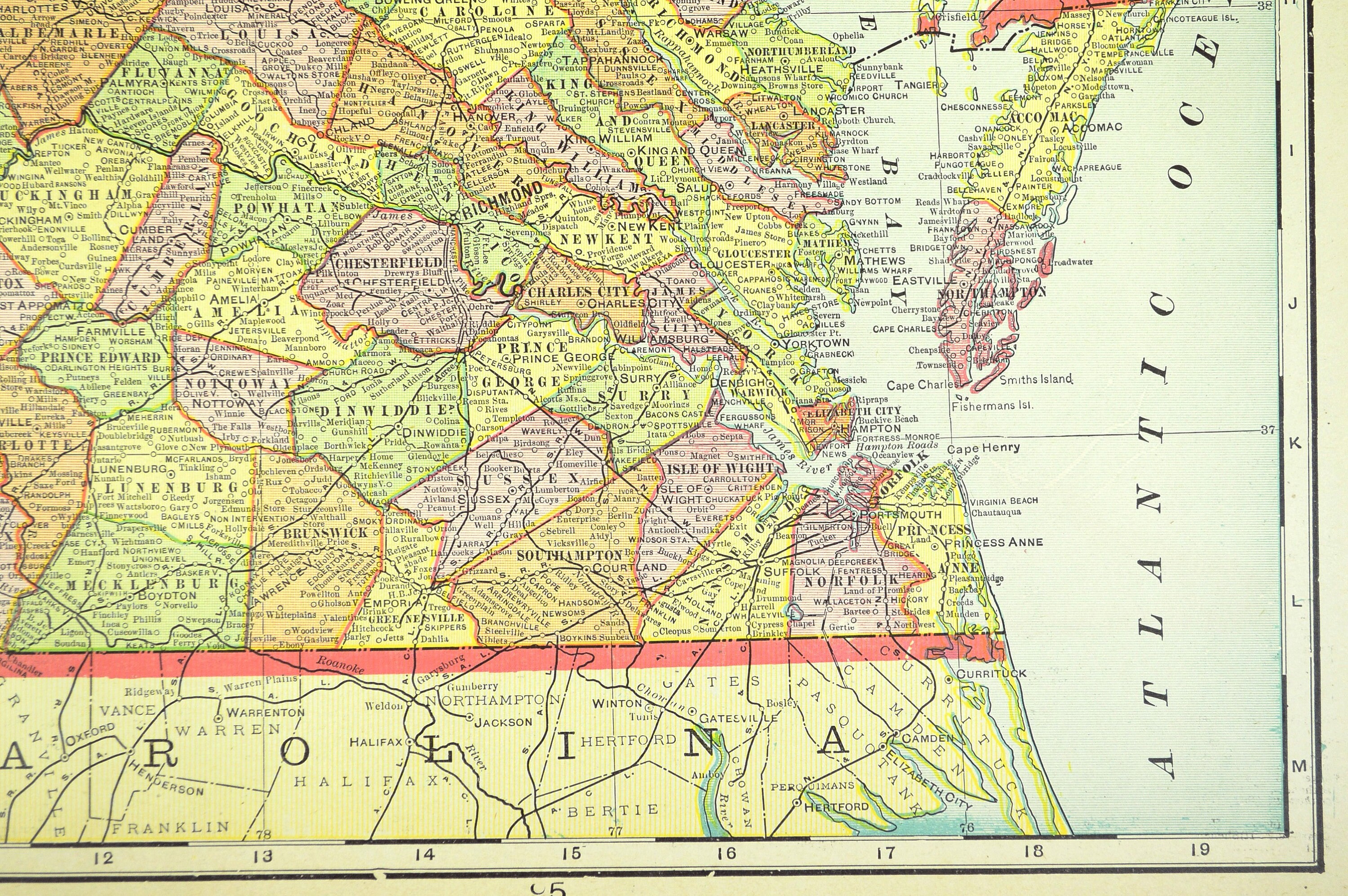 LARGE VIRGINIA Map Wall Art Decor Antique Early 1900s ORIGINAL Old ...